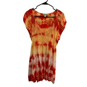 One World Tie Dye Crochet Tiered Mini Dress Yellow Orange Sz Large Beach Boho